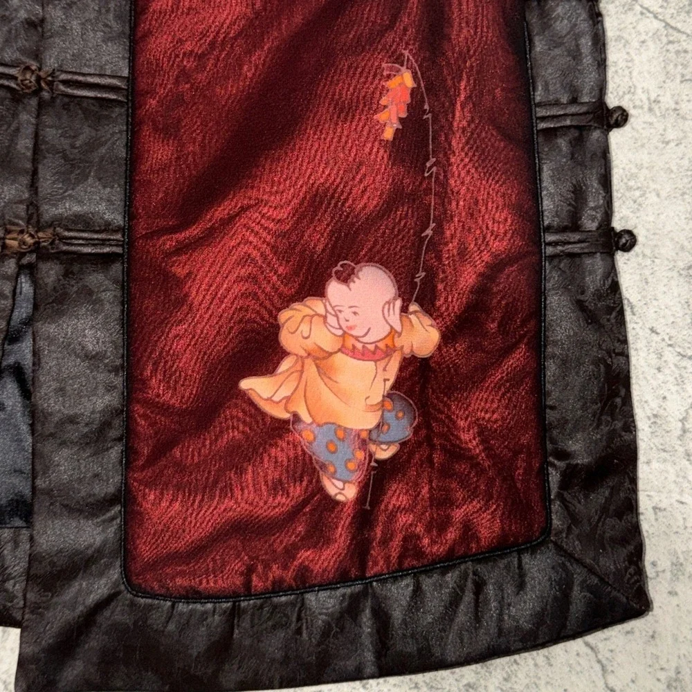 Vintage Traditional Chinese Vest‎ XL Red Black Frog Button Graphic Print